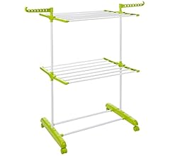 Amazon Brand - Solimo Premium Steel Double Supported 2 Layer Cloth Drying Rack, Foldable and Movable (White & Green)