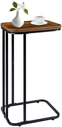 KJGKK C Shaped End Table, 27 Inches High Small Side Table for Sofa and Bed, Couch Table That Slides Under, Tall Tv Tray Table for Living Room, Bedroom, Metal Frame, Rustic Brown & Black