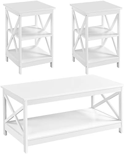 Yaheetech 3 Piece Living Room Wood Table Set, X-Design Coffee Table with Shelf & 2 x 3-Tier End Side Tables Storage Cabinet for Living Room, Accent Furniture, White