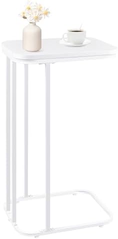 KJGKK C Shaped End Table, 27 Inches High Small Side Table for Sofa and Bed, Couch Table That Slides Under, Tall Tv Tray Table for Living Room, Bedroom, Metal Frame, Snow White