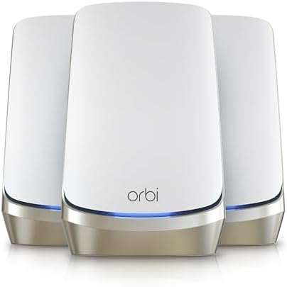 NETGEAR Orbi Quad-Band WiFi 6E Mesh System (RBKE963), Router with 2 Satellite Extenders, Coverage up to 9,000 sq. ft., 200 Devices, 10 Gig Internet Port, AXE11000 802.11 Axe (Up to 10.8Gbps)