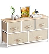 Fabric Dresser with 5 Drawers, Wide Dresser Storage Tower, Organizer Unit with Wood Top and Easy ...