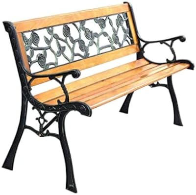 Qxznby Outdoor Bench Cast Iron and Hardwood Construction Garden Bench with Patterned Back Patio Bench with Weather Resistant and Suitable for Gardens Parks Backyards Patios Porches