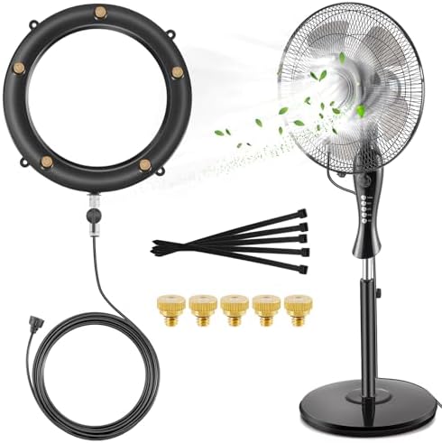 VsMon-Fri Fan Misters for Outside Patio, Mister Ring with 19.69FT (6M) Water Supply Line + 5 Brass Mist Nozzles + Misting Ajustable Value for Cooling Outdoor Backyard, Connect to Any Outdoor Fan