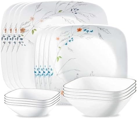 Corelle Adlyn 16pc, Service for 4, Dinnerware Set, 8 plates bowls, Chip & Break Resistant, Dinner Plates and Bowls, Corelleware White, Blue, Orange, Green