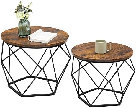 VASAGLE Small Coffee Table Set of 2, Round Coffee Table with Steel Frame, Side End Table for Living Room, Bedroom, Office, Rustic Brown and Ink Black