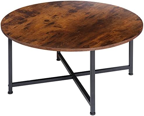 SUPER DEAL Round Coffee Tables w/ 32 Inch Rustic Wooden Surface Top and Sturdy Metal Legs Industrial Cocktail Table for Living Room, Rustic Brown