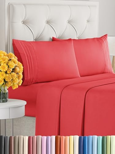Queen Size 4 Piece Sheet Set - Comfy Breathable & Cooling Sheets - Hotel Luxury Bed Sheets for Women & Men - Deep Pockets, Easy-Fit, Extra Soft & Wrinkle Free Sheets - Red Oeko-Tex Bed Sheet Set