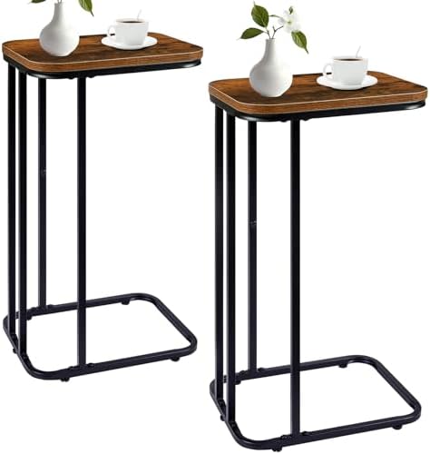 KJGKK C Shaped End Table Set of 2, Small Side Table for Sofa and Bed, Couch Tables That Slide Under, Tall Tv Tray Table for Living Room, Bedroom, Rustic Brown & Black