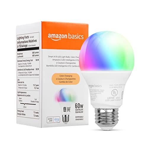 Amazon Basics Smart A19 LED Light Bulb, 2.4 GHz Wi-Fi, 7.5W (Equivalent to 60W) 800LM, Works with Alexa Only, 1-Pack, Multico