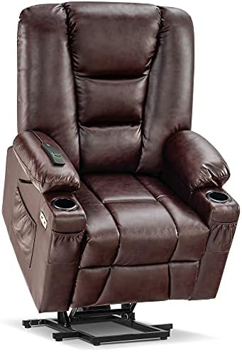 MCombo Large Power Lift Recliner Chair Sofa with Massage and Heat for Big and Tall Elderly People, 3 Positions, Cup Holders, and USB Ports, Faux Leather 7539 (Large, Dark Brown)