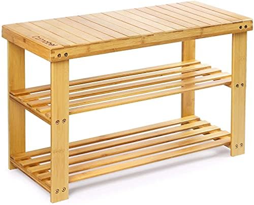 Camabel Wood Shoe Rack Bamboo Shoe Rack for Entryway Bench 3-Tier Organizer Storage Shelf Hold Up 268 Lbs Hallway Bathroom Living Room Corridor Boot Free Standing Storage Box with Seat