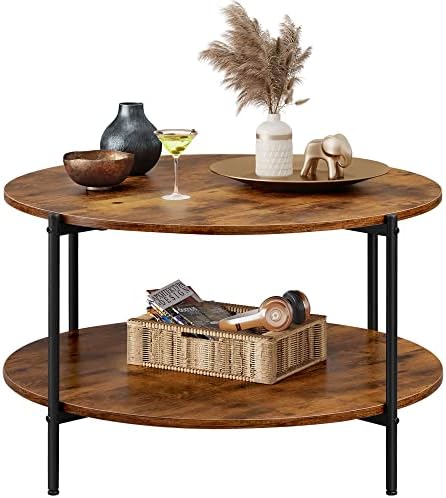 WLIVE Round Coffee Table, 32.6" Circle Coffee Table with 2-Tier Open Storage Shelf, Wood Center Table for Living Room, Bedroom, Rustic Brown