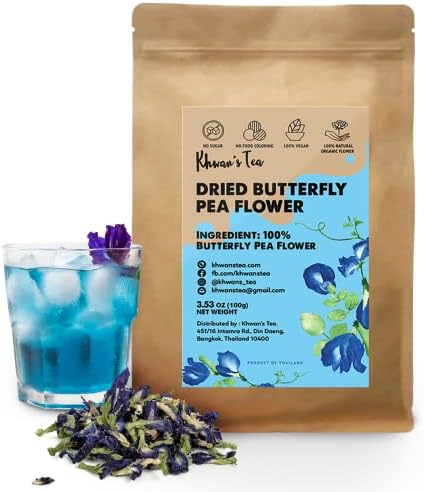 KHWAN'S TEA Dried Butterfly Pea Flowers Blue Tea Clitoria Ternatea Flower Herbal Tea Organic, Caffeine Free, Vegan Plant Based, Sourced from Thailand