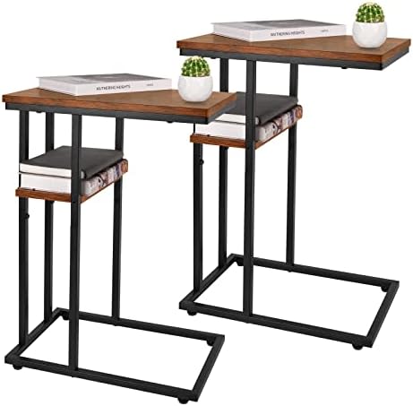 Yoobure C Table End Table Set of 2, Side Tables Living Room, C Shaped Side Table, Couch Tables That Slide Under Couch Table with Metal Frame, Rustic Snack Table for Bedroom/Small Spaces Large Desktop