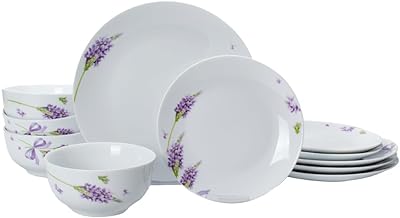 Xiteliy 12-Piece Porcelain Kitchen Dinnerware Set with Purple Lavender Pattern, Round Dinner Plates, Dessert Plates, Soup Bowls, Service for 4