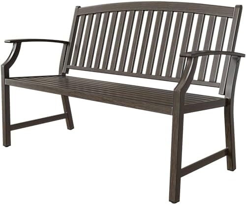 Grand patio Farmhouse Outdoor Bench, Garden Benches with Anti-Rust Aluminum Powder Coated Frame, Faux Wood Grain Finish Frame Patio Bench for Front Porch, Northwoods Brown