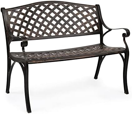 VINGLI 40.5" Outdoor Bench Patio Garden Bench,Anti- Rust Cast Aluminum Patio Bench Front Porch Bench for Yard Lawn Entryway Deck,Bronze