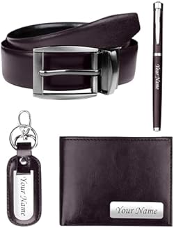 The Wallet Store Personalized Wallet Pen Key Chain & Belt Gift Set | with Name | Leather Hamper | Best Combo f