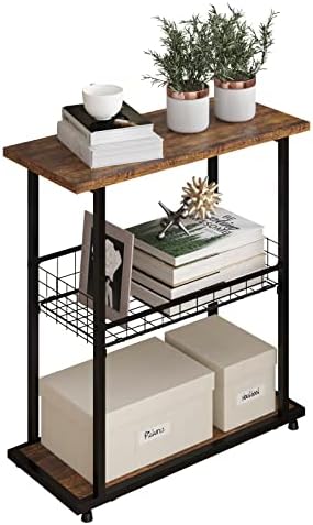 PROXRACER Side Table, 3-Tier End Table, Narrow Sofa Table Bedside Table, Small Nightstand with Storage Shelf for Living Room, Study, Bedroom, Rustic Brown