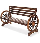 VINGLI Outdoor Rustic Wooden Bench with Wagon Wheel Arms, 3 People Outdoor Bench Garden Bench Fro...