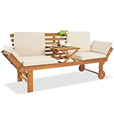 VINGLI Outdoor Daybed Acacia Wood Outdoor Bench with Table, Patio Convertible Sofa Bed with Adjus...