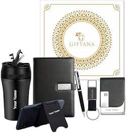 Giftana 6 in 1 Personalized Diary with Pen, Keychain, Mobile Stand, Coffee Tumbler 450ml, Card Holder with Nam