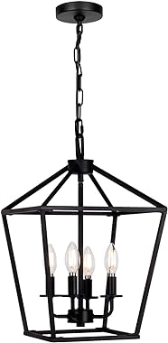 4 Light Chandelier, Industrial Ceiling Light Black Lantern Light Fixtures with Farmhouse Metal Cage Adjustable Height Rustic 