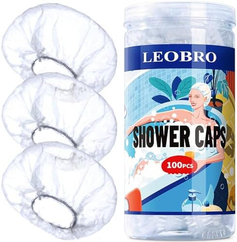 LEOBRO Disposable Shower Caps, 100PCS Shower Caps, Shower Cap for Women Waterproof, Disposable Clear Plastic Shower Cap for Women, Thick Plastic Caps for Hair Treatment, Regular Size 17.3 INCH