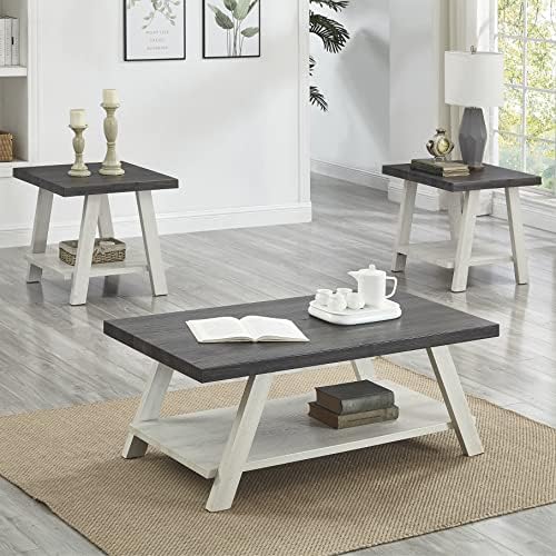 Roundhill Furniture Athens Contemporary 3-Piece Wood Shelf Coffee Table Set, 24D x 48W x 19H in, Charcoal and Gray