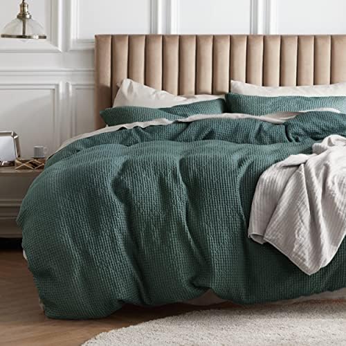 Bedsure Cotton Duvet Cover King - 100% Cotton Waffle Weave Forest Green Duvet Cover King Size, Soft and Breathable Duvet Cover Set for All Season (King, 104"x90")