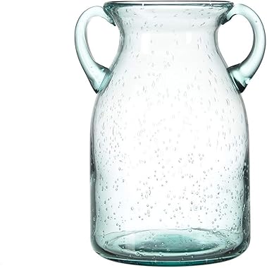 Flower Vase Glass Elegant Double Ear Decorative Handmade Air Bubbles Bluish Color Glass Vase for Centerpiece Home Decor (Medi