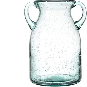 Flower Vase Glass Elegant Double Ear Decorative Handmade Air Bubbles Bluish Color Glass Vase for Centerpiece Home Decor (Medium)