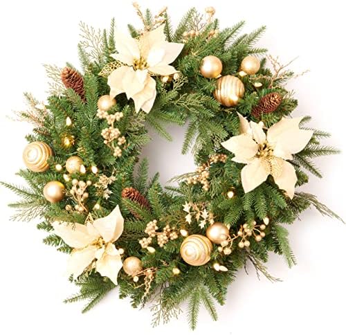 AMERZEST Pre-lit Christmas Wreath with Pine Cones Gold Balls,Gold Berries and Gold Flowers,24 Inch 50 Battery Operated LED Lights,Holiday Decoration for Front Door Outdoor