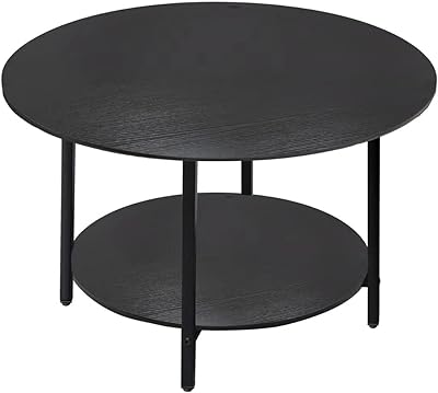 TOYSINTHEBOX Black Round Coffee Table, Accent Table Sofa Table Tea Table with Storage 2-Tier for Living Room, Office Desk, Balcony, Wood Desktop and Metal Legs, Black 27.6 Inches (Black)