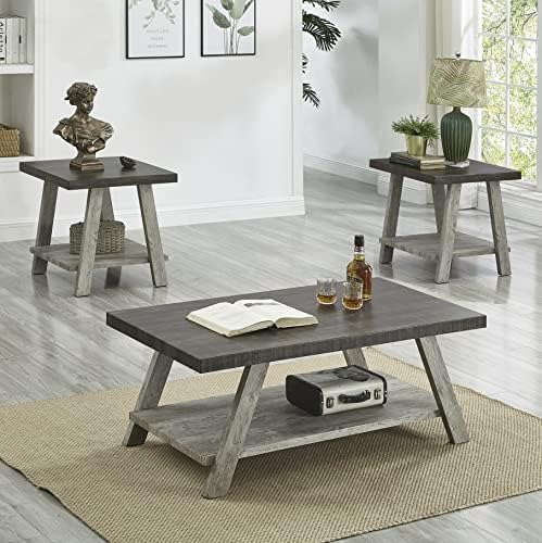 Roundhill Furniture Athens Contemporary 3-Piece Wood Shelf Coffee Table Set, 24D x 48W x 19H in, Walnut and Gray