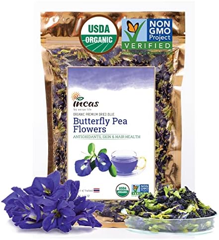 INCAS 100% USDA Organic Butterfly Pea Flower 1.76 oz (150+ Cups) DIRECT FROM SOURCE Thailand Non GMO Verified Dried Caffeine Free Gluten Free Vegan Rich in Antioxidants Free eBook (50G)