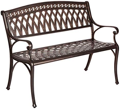 Patio Sense 62441 Simone Cast Aluminum Patio Bench Heavy Duty Rust Free Metal Construction Front Porch, Backyard, Lawn, Garden, Pool, Deck, Outdoors - Antique Bronze Finish