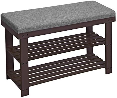 SONGMICS Bamboo Shoe Bench, 3-Tier Shoe Rack, Stable Shoe Organizer for Entryway, Living Room, Bench Seat Holds Up to 330 lb, 11.4 x 28 x 19.3 Inches, Brown and Gray ULBS604CG