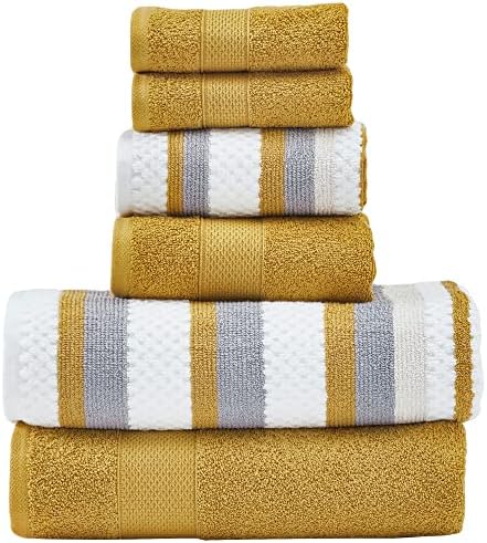 Modern Threads Pax 6-Piece Reversible Yarn Dyed Jacquard Towel Set - Bath Towels, Hand Towels, & Washcloths - Super Absorbent & Quick Dry - 100% Combed Cotton, Mustard