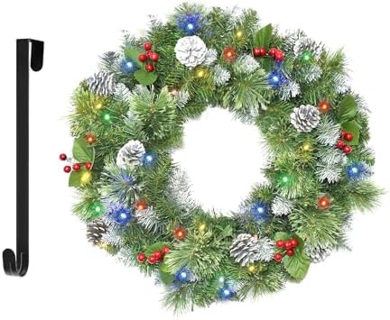 Christmas Wreaths for Front Door 24In - Pre Lit Artificial Christmas Wreath with 40 LEDs 8 Models Light, Timer, Hanger, Battery Operated Christmas wreath for Mantel Wall Windows Xmas Decoration