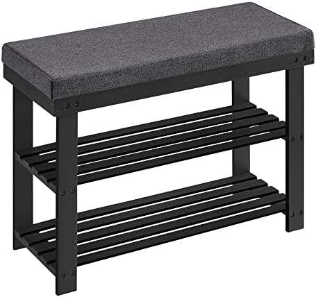 SONGMICS Bamboo Shoe Bench, 3-Tier Shoe Rack, Stable Shoe Organizer for Entryway, Living Room, Bench Seat Holds Up to 330 lb, 11.4 x 28 x 19.3 Inches, Black and Gray ULBS604B01