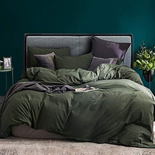 ECOCOTT 3 Pieces Duvet Cover King 100% Washed Cotton 1 Duvet Cover with Zipper and 2 Pillowcases, Ultra Soft and Easy Care Breathable Cozy Simple Style Bedding Set (Avocado Green)