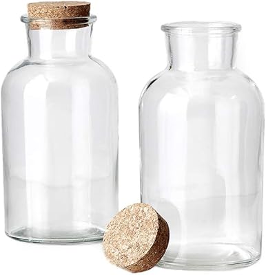 Serene Spaces Living Set of 2 Decorative Clear Glass Bottle Vases with Cork Stoppers, Vintage Wedding Decor, Use for Floral Centerpieces at Wedding, Party, Event, Measures 8" Tall & 4" Diameter