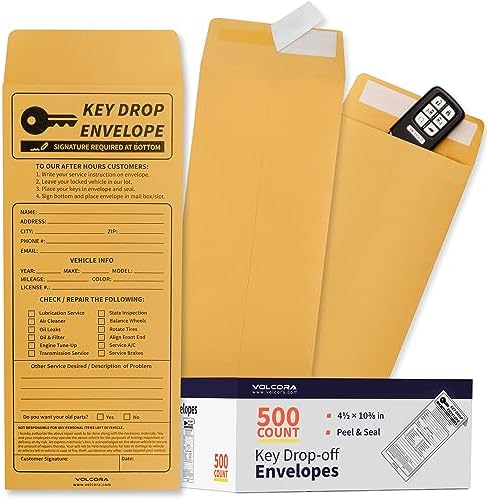 Volcora 500 Pack Key Drop Off Envelopes for After Hours, Night Drop Key Envelopes for Auto Shop Repair, Self Adhesive Envelope for Service Drop Box Overnight, Early Bird, Bussines 4 1/2 x 10 3/10 in