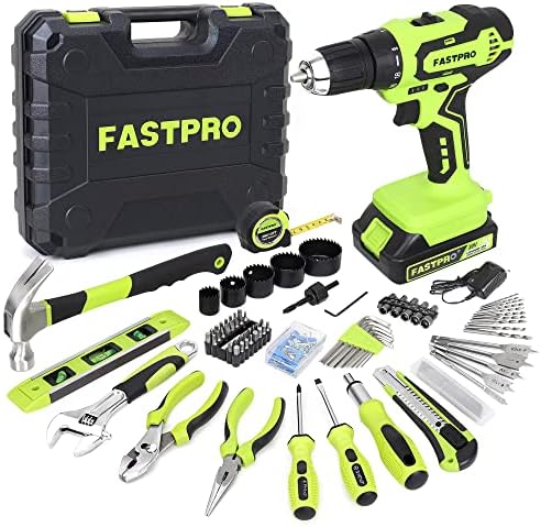 FASTPRO 177-Piece 20V Cordless Lithium-ion Drill Driver and Home Tool Set, Household Repairing Kit with in Storage Case, Green