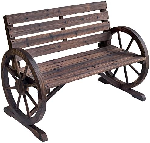 Outsunny 41" Wooden Wagon Wheel Bench, Rustic Outdoor Patio Weather Resistance Furniture, 2-Person Slatted Seat Bench with Backrest, Carbonized