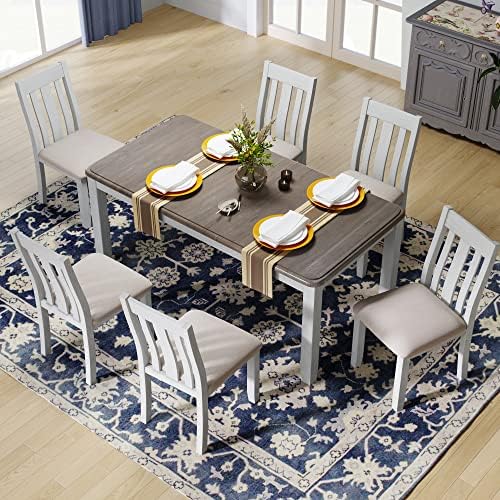 CITYLIGHT 7 Pieces Dining Table Set with Extendable Tabletop and 6 Upholstered Chairs, Solid Wood Kitchen Dining Room Table Set, Kitchen Furniture Set for 6-8 People, Brown Tabletop + White