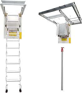 PreAsion Attic Stairs Pull Down Attic Ceiling Ladder, Telescopic Attic Ladder Folding Stairs, 13 Steps White Pulldown Attic Stairs, Opening Size 31.5 x 35.4in, 10.5ft Height, Pulling Down from Ceiling