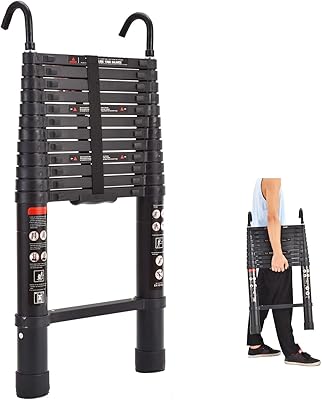 Telescopic Ladder 10.5FT with 2 Hooks, Portable Aluminum Home Loft Office DIY Ladder, Black, Folding Multi-Purpose Extension Ladder, 330lbs Load Capacity, Anti-Slip Rubber Feet, Space Saving